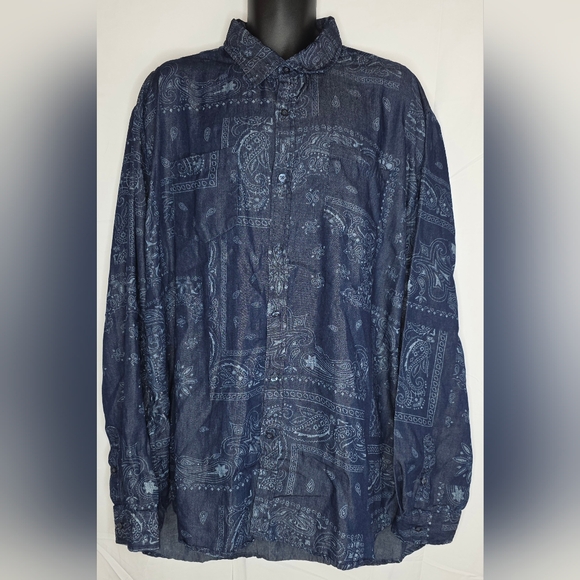Jeanius by Akademiks Paisley Chambray Blue Button Down Shirt Size 4XL AN-0556 - Picture 1 of 10